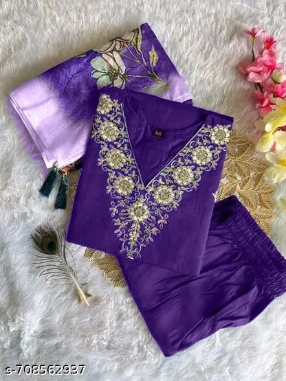 Viscose Silk Latest And Trending Purple Wedding Wear Kurti Dupatta Set