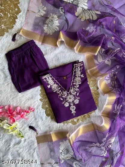 Viscose Silk Latest And Trending Purple Wedding Wear Kurti Dupatta Set