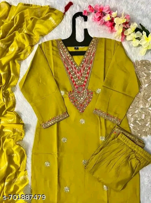 Viscose Silk Latest And Trending Mustard Wedding Wear Kurti Dupatta Set