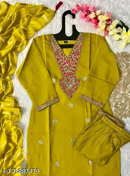 Viscose Silk Latest And Trending Mustard Wedding Wear Kurti Dupatta Set